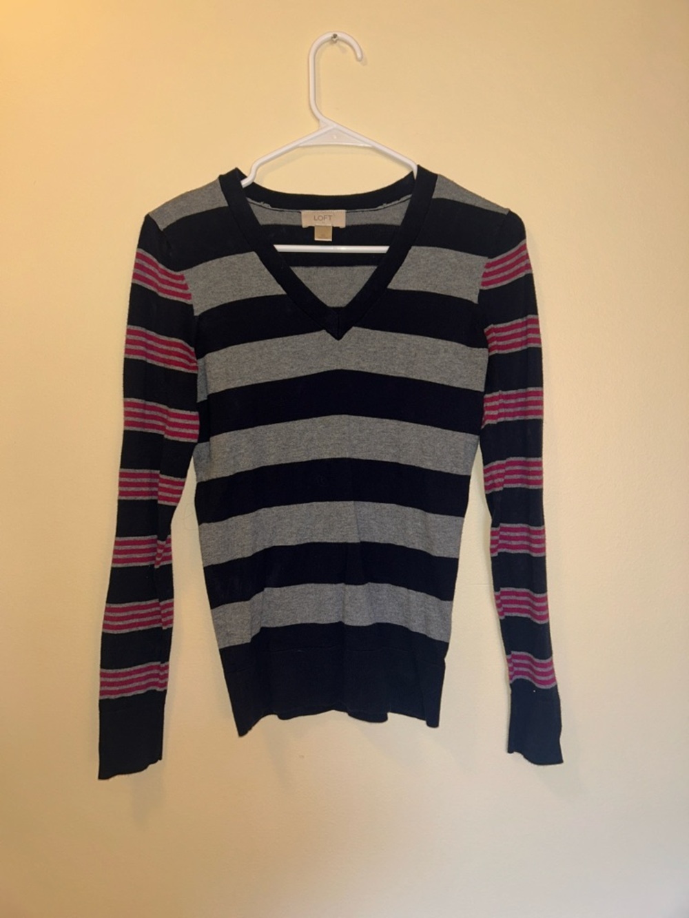 LOFT Navy, Gray & Pink Striped V-Neck Pullover Sweater